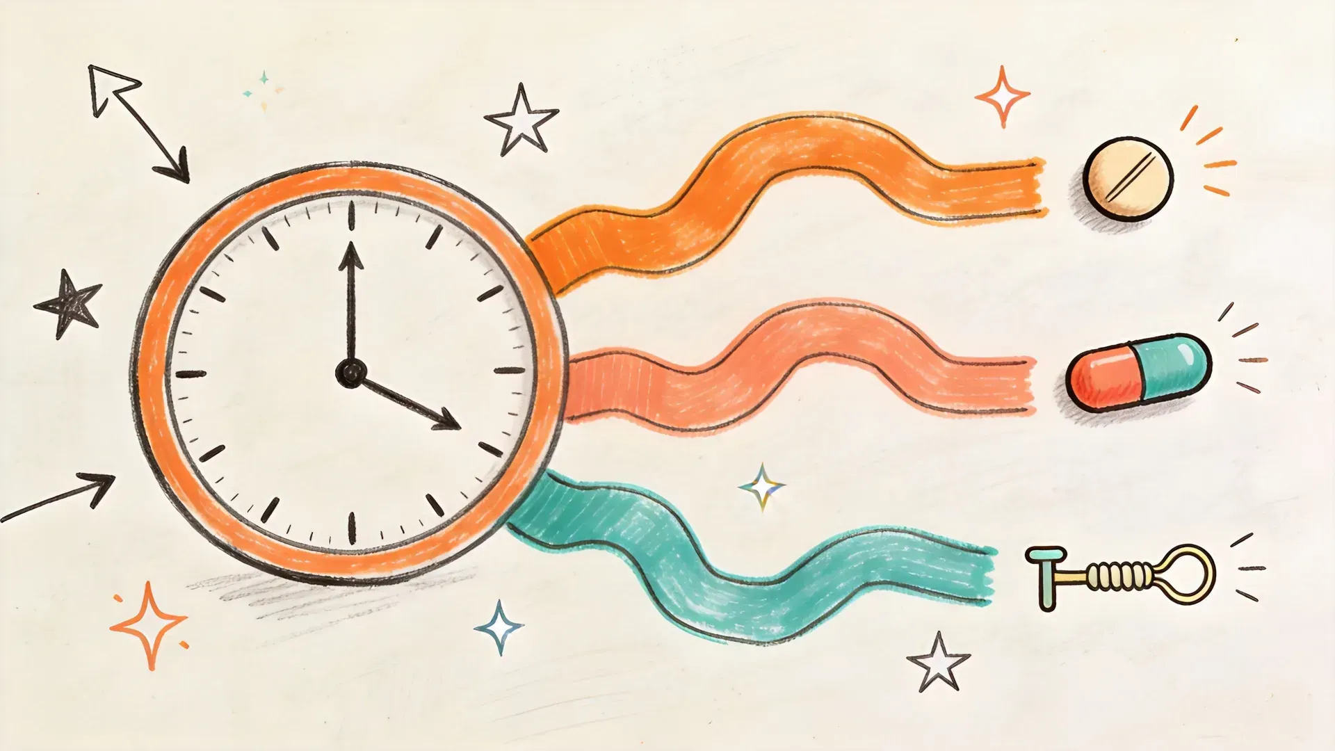 A hand-drawn whiteboard illustration of an orange clock with three colored paths leading to a pill, a capsule, and a T-shaped IUD, showing the three emergency contraception options.