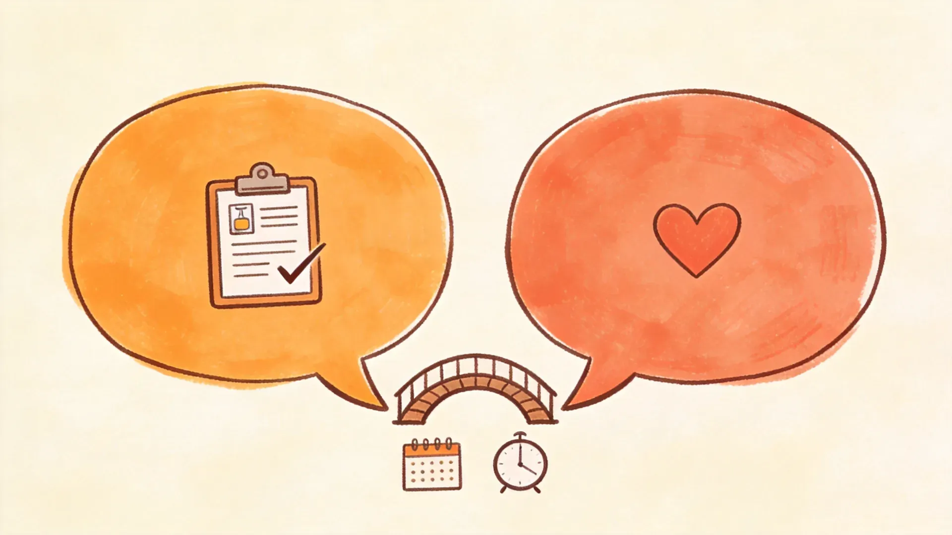 A hand-drawn whiteboard illustration of two speech bubbles facing each other, one holding a checkmarked STI test form and the other a heart, connected by a small bridge, with a calendar and clock below, representing how to talk to a new partner about STI testing.